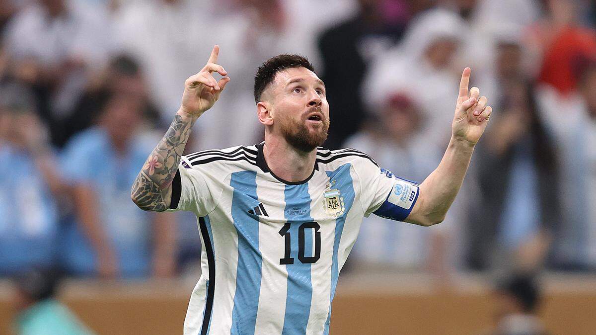 Lionel Messi of Argentina celebrates scoring after he made it 3-2 in extra time during the FIFA World Cup Qatar 2022 final match between against France at Lusail Stadium on Dec. 18, 2022 in Lusail City, Qatar.