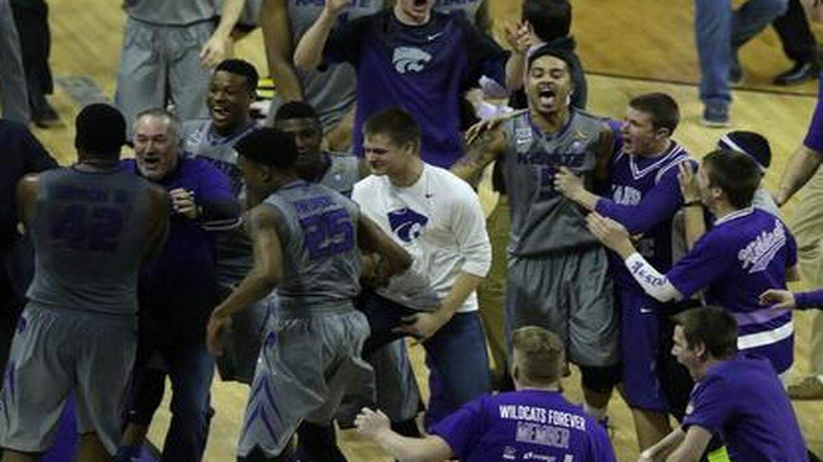 
Kansas State players and fans celebrated following Monday’s win over Kansas.
