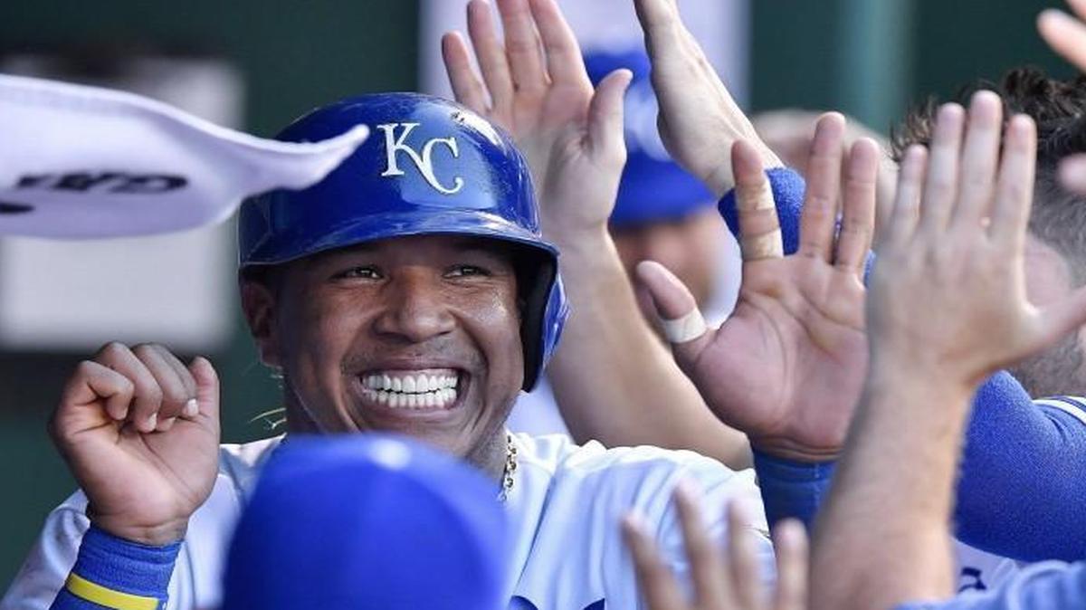 Kansas City Royals catcher Salvador Perez smiled after scoring on an RBI double by Brandon Moss in the third inning. Perez had stolen second base earlier in the inning.