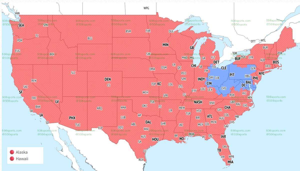 The areas in red will see the Chiefs-Broncos game.
