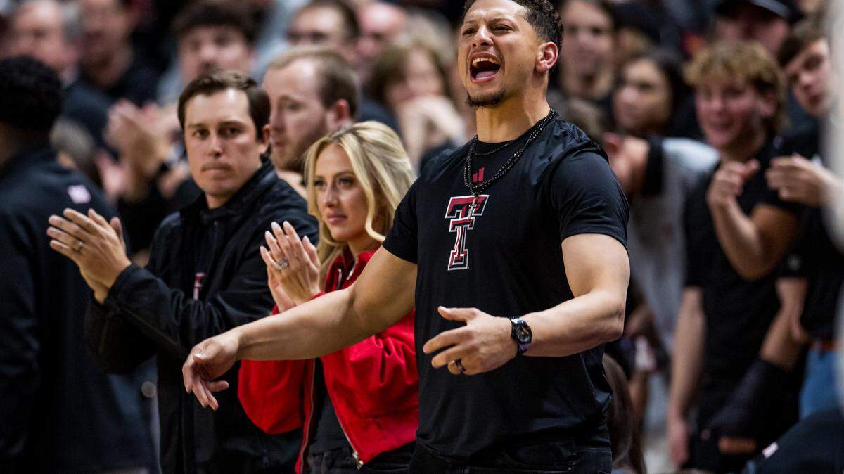 Patrick Mahomes pumps up the crowd during the second half of the game between the Houston Cougars and the Texas Tech Red Raiders at United Supermarkets Arena on Feb. 24, 2025 in Lubbock, Texas.