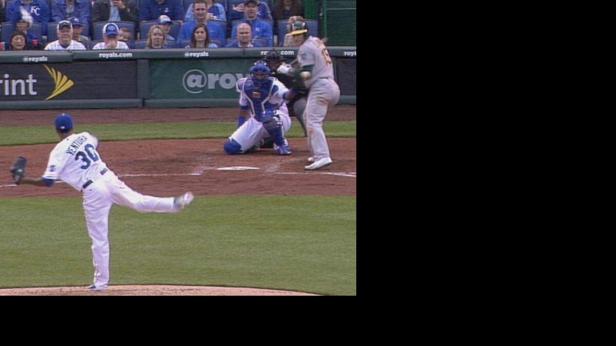 
Royals pitcher Yordano Ventura hit A’s third baseman Brett Lawrie with a pitch Saturday at Kauffman Stadium. 
