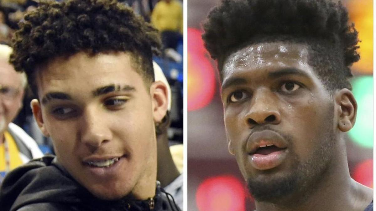 UCLA college basketball players, Liangelo Ball, left, and Cody Riley are shown in these file photos.