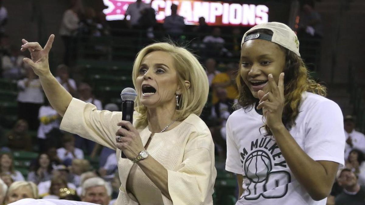 Baylor head women’s coach Kim Mulkey addressed the crowd in Waco, Texas, after Saturday’s game. At right is forward Nina Davis.