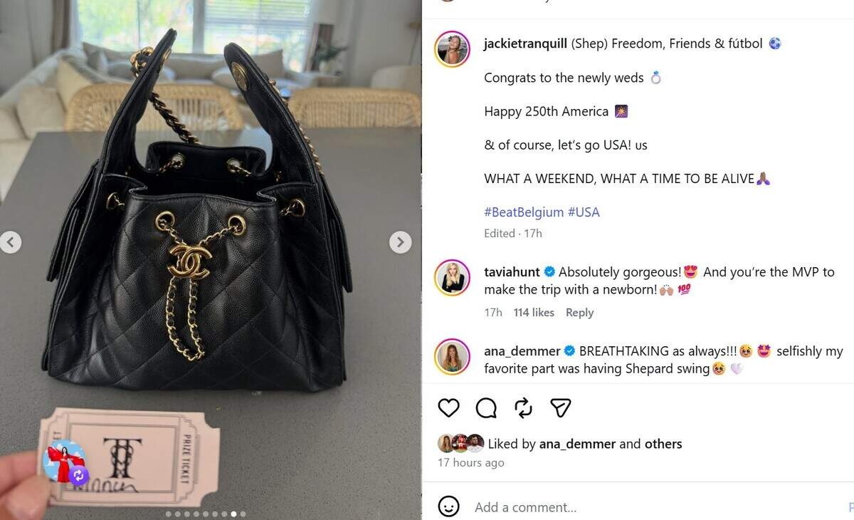 Jackie Tranquill seems to have won a Chanel bag at the wedding of Travis Kelce and Taylor Swift.