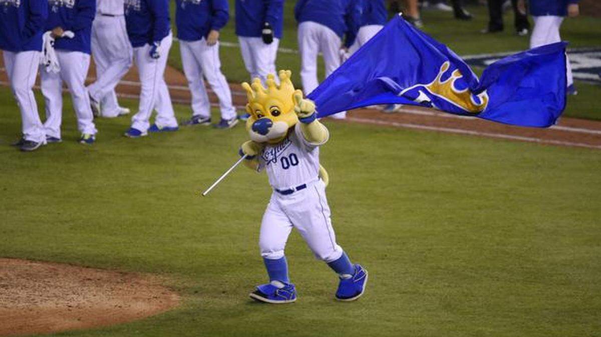 
Kansas City Royals mascot Slugerrr joined the celebration after game six of the World Series.
