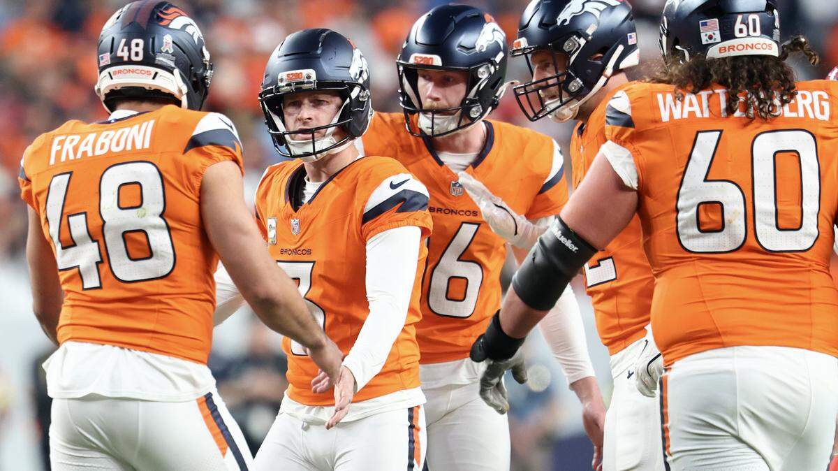 Wil Lutz #3 of the Denver Broncos celebrates a field goal against the Kansas City Chiefs during the fourth quarter at Empower Field At Mile High on Nov. 16, 2025 in Denver, Colorado.