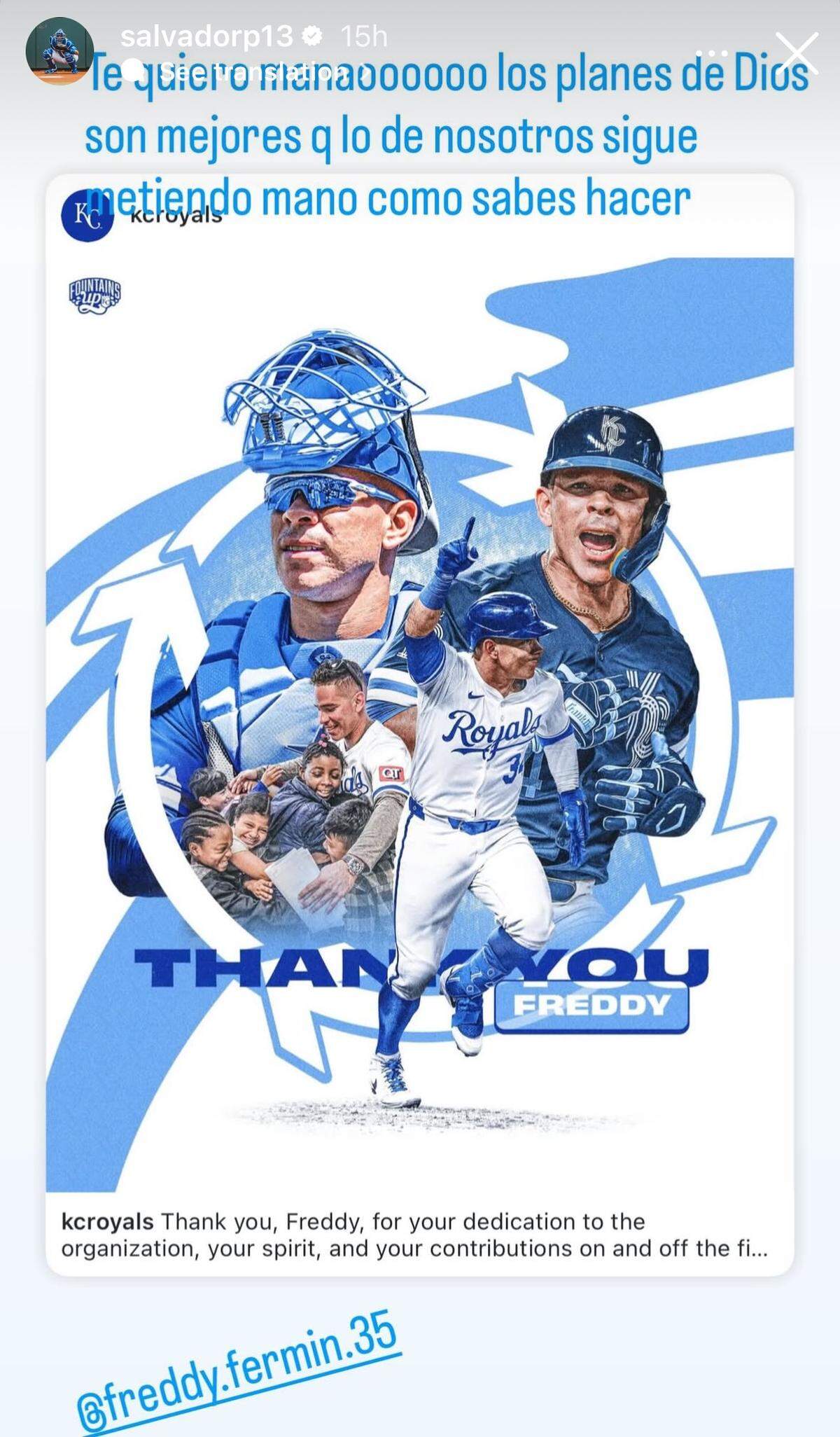 Royals catcher Salvador Perez shared a special message for Freddy Fermin following Thursday’s trade.