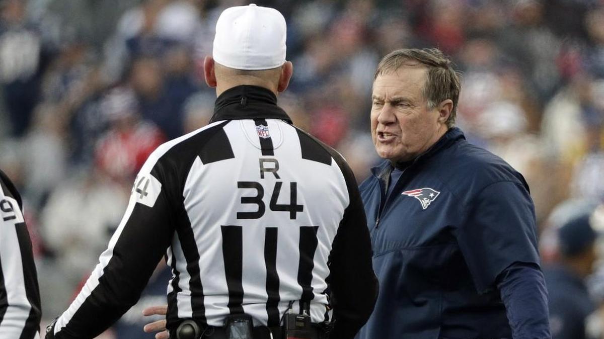 New England Patriots head coach Bill Belichick argued a call with referee Clete Blakeman during the first half of the AFC Championship Game.