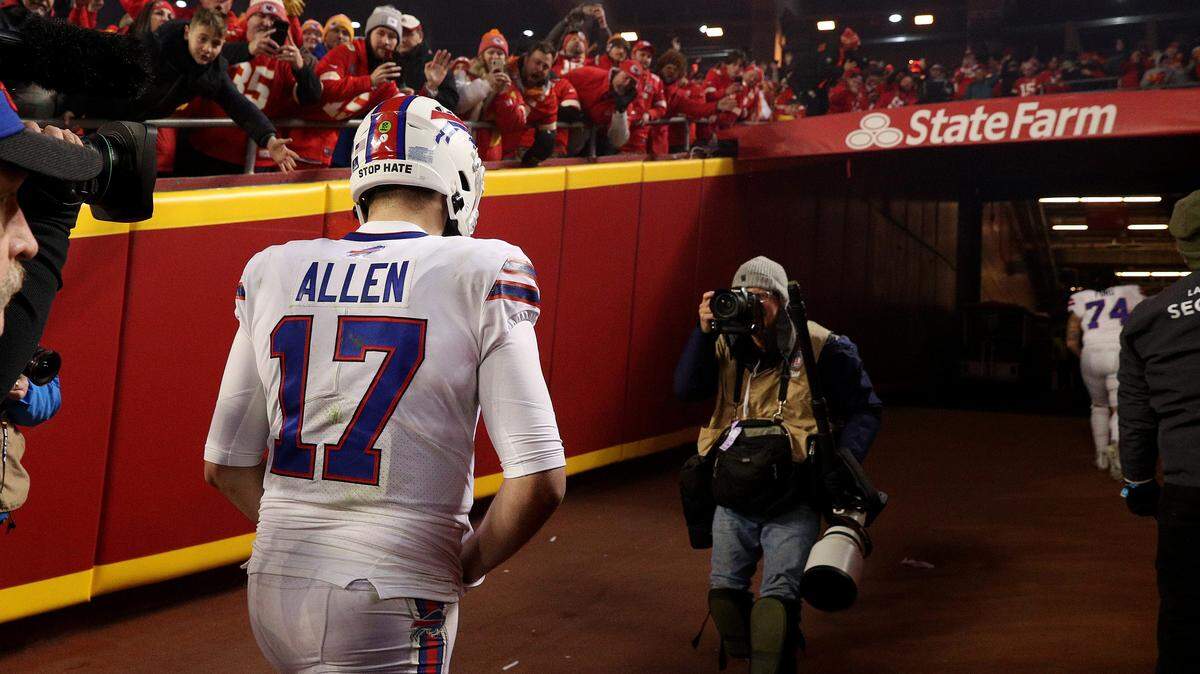 Josh Allen leaves the field after the Buffalo Bills' 42-36 overtime loss to the Kansas City Chiefs in the AFC Divisional Round at GEHA Field at Arrowhead Stadium.