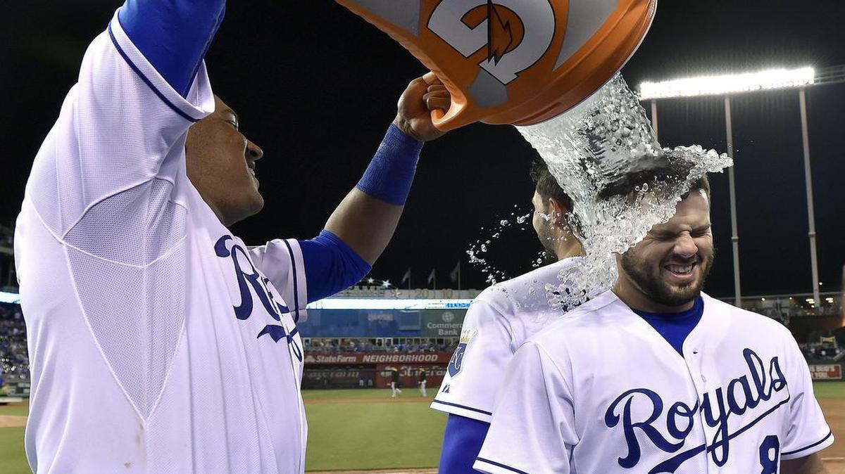 
Kansas City Royals' Salvador Perez pours the celebration Gatorade bucket of water on Mike Moustakas and Eric Hosmer last week. No one responded Gatorade dunking to the Kansas City Police question.
