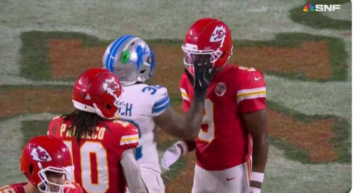 The Lions’ Brian Branch hit the Chiefs’ JuJu Smith-Schuster after Sunday’s game.