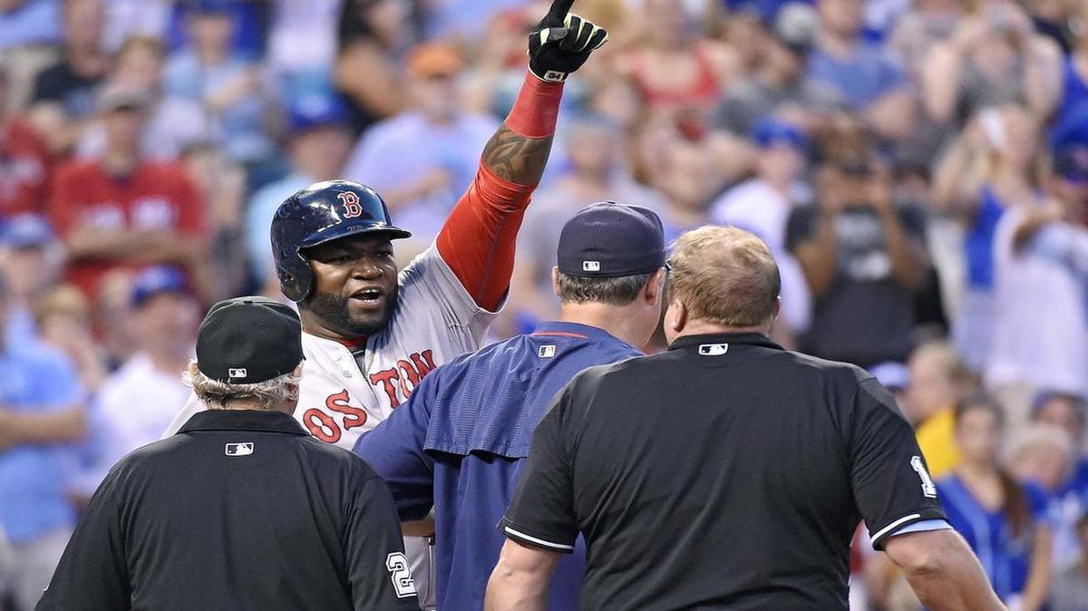 
After being ejected in the seventh inning, Boston Red Sox designated hitter David Ortiz mockingly ejected home plate umpire Bruce Dreckman during Saturday’s game against the Kansas City Royals.
