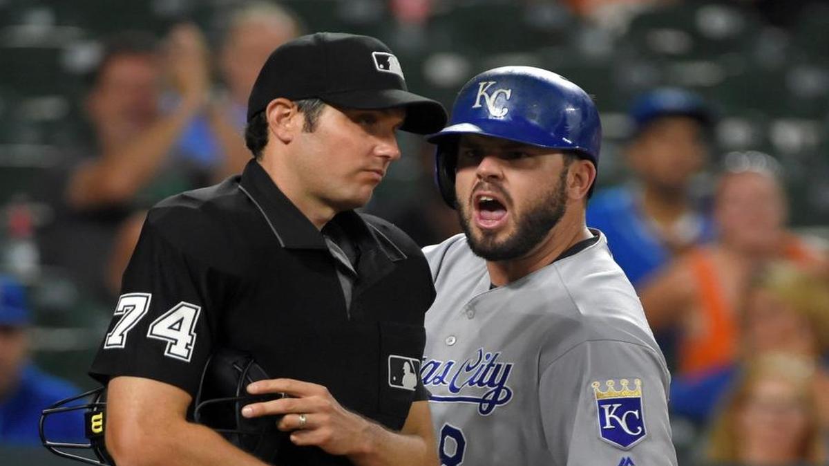 Kansas City Royals third baseman Mike Moustakas yelled at home plate umpire John Tumpane in the ninth inning of Wednesday’s game.