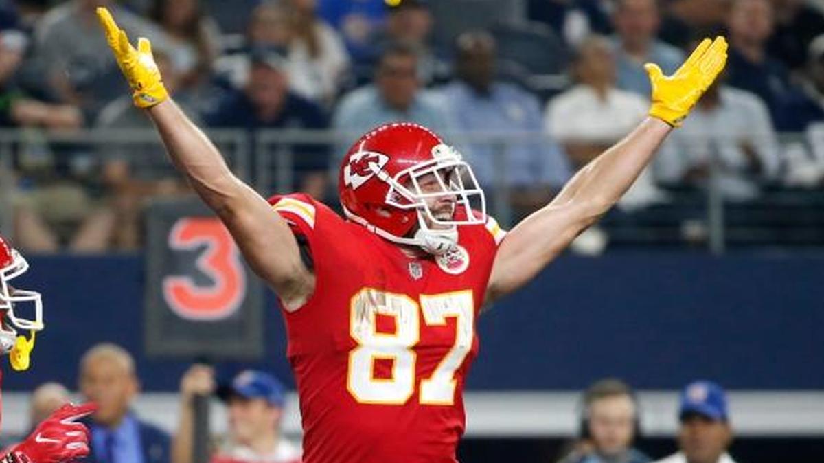 Kelce celebrated catching a touchdown pass in the second half of Sunday’s game in Dallas.