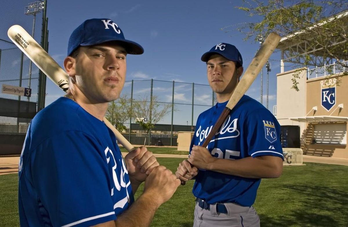 Kansas City Royals minor leaguers Mike Moustakas and Eric Hosmer during a March 2, 2009 spring training workout in Surprise, Ariz.