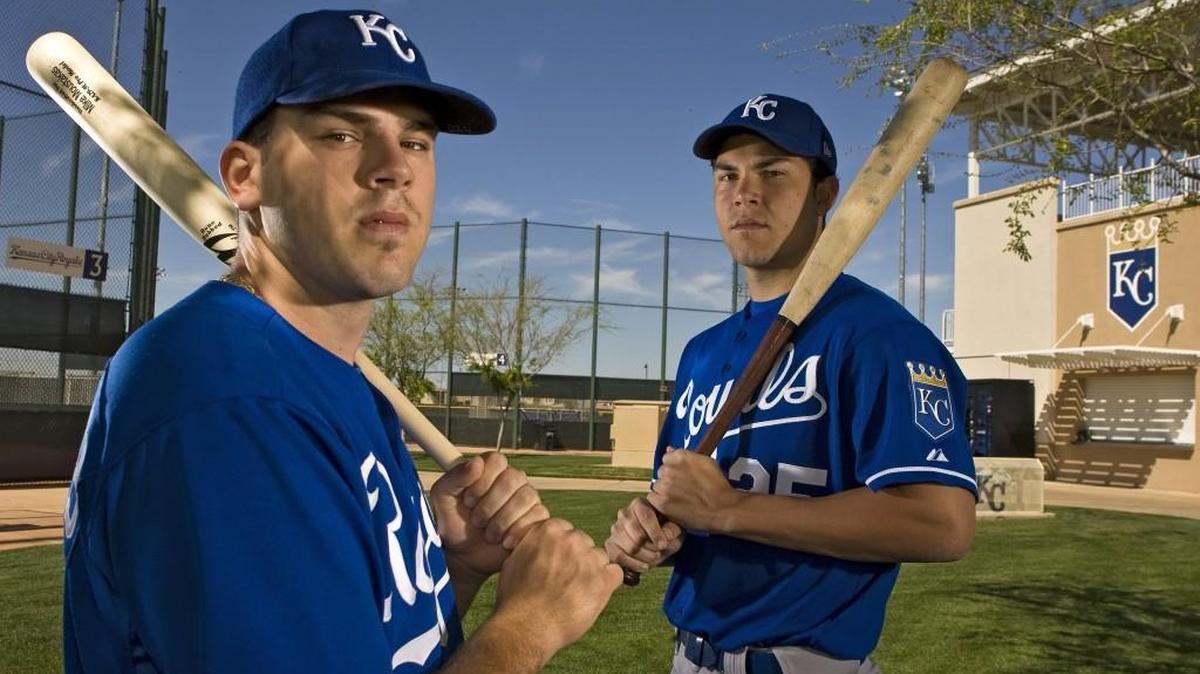 Kansas City Royals Mike Moustakas and Eric Hosmer when they were minor-leaguers during a March 2, 2009 spring training workout in Surprise, Ariz.