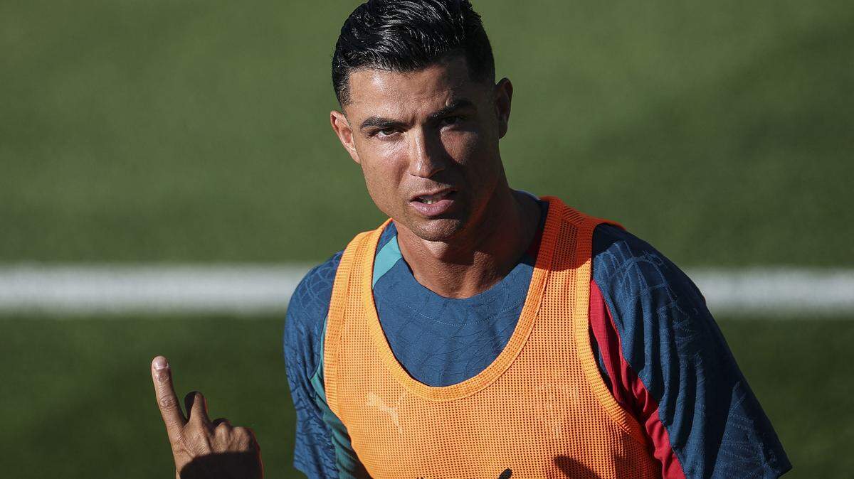 Portugal's forward Cristiano Ronaldo gestures during a training session ahead of the FIFA World Cup 2026 at Cidade do Futebol in Oeiras on June 1, 2026.