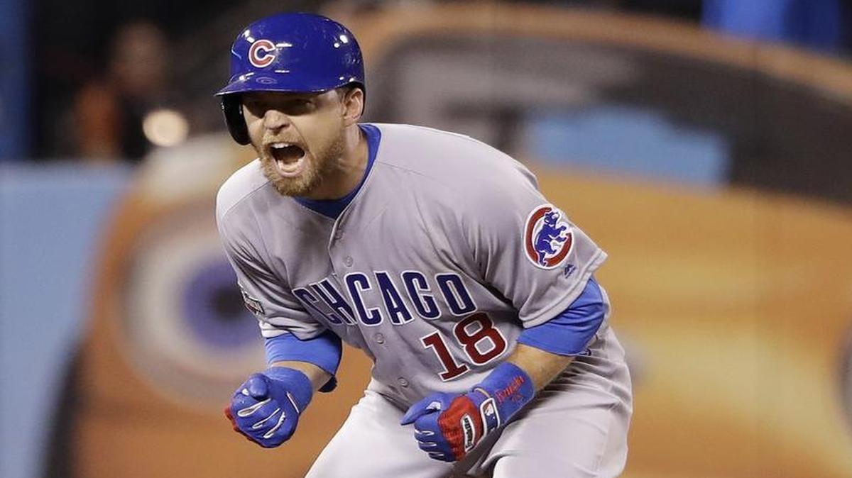 The Cubs’ Ben Zobrist was fired up after hitting a run-scoring double against the San Francisco Giants in the ninth inning of Game 4 of the NLDS.