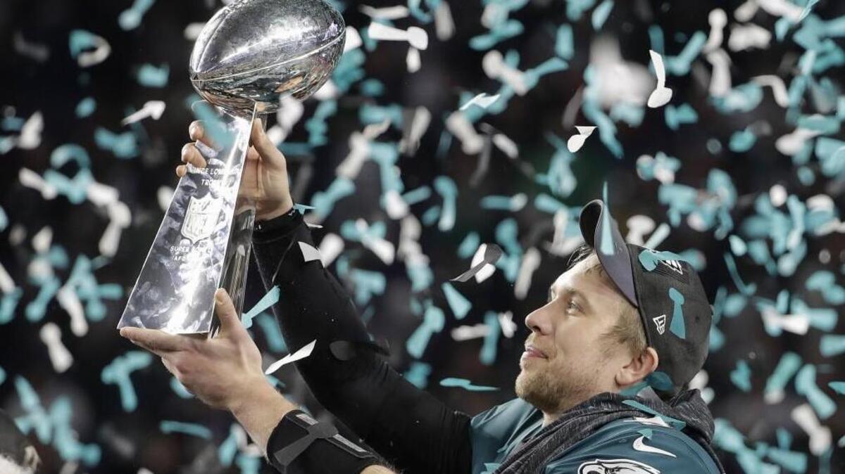 Philadelphia Eagles quarterback Nick Foles celebrated after Super Bowl LII.