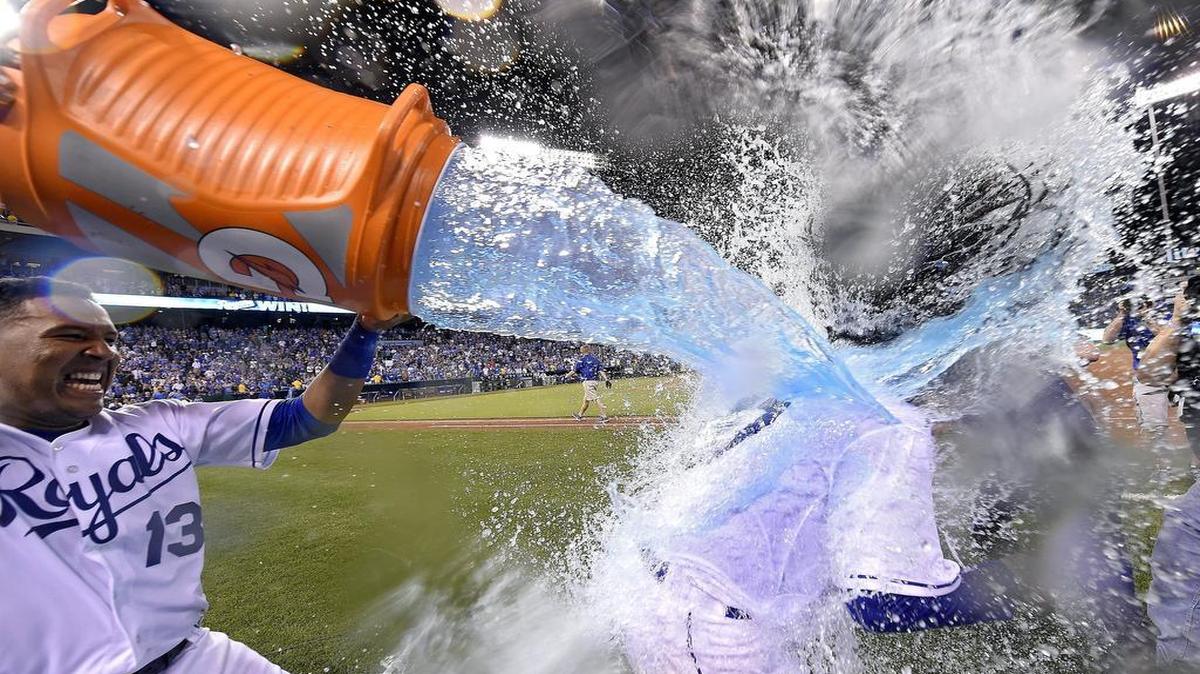 
Kansas City Royals starting pitcher Johnny Cueto was covered in water by catcher Salvador Perez after Cueto’s shutout of the Detroit Tigers on Aug. 10
