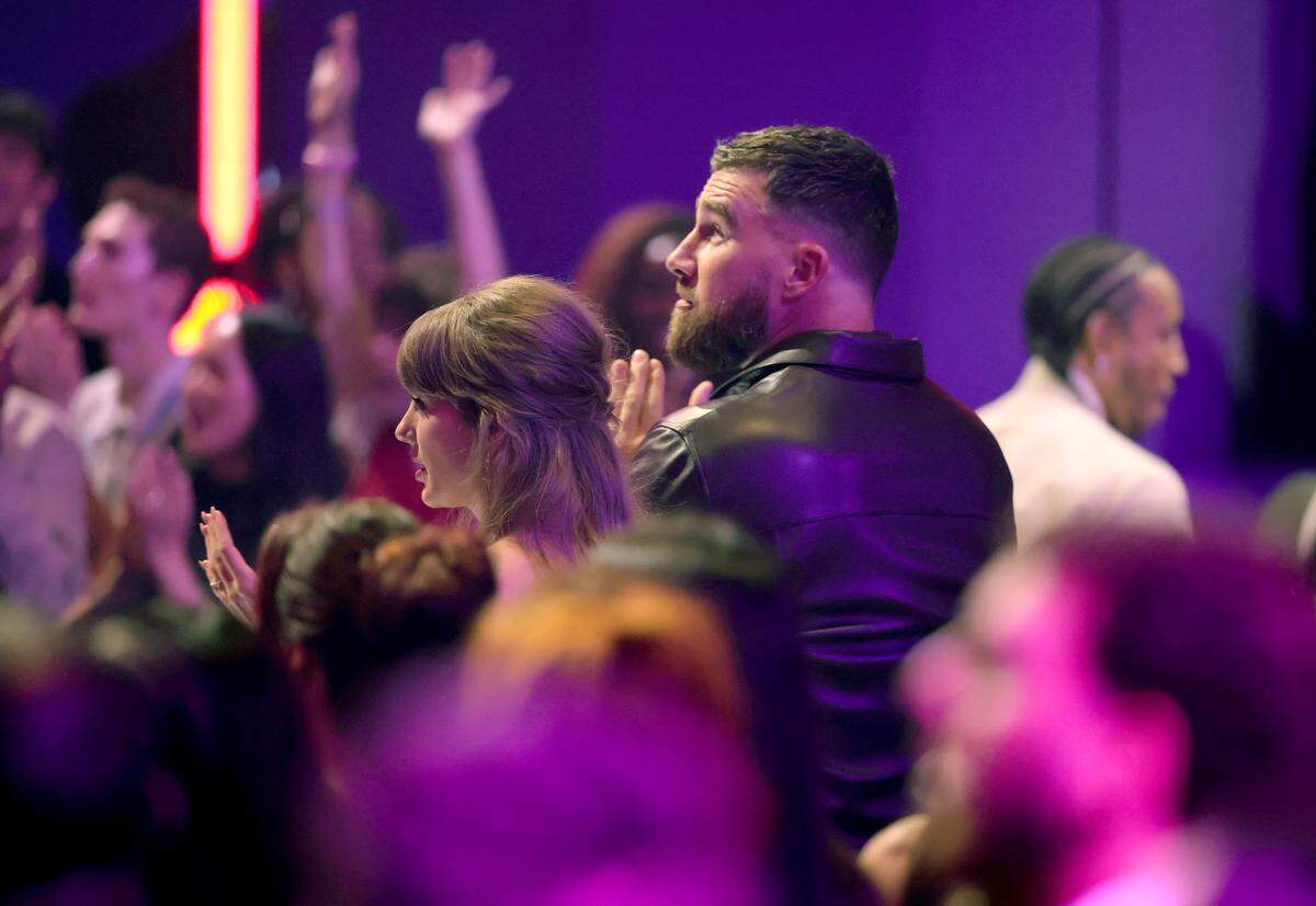 Taylor Swift and Travis Kelce attend the 2026 iHeartRadio Music Awards at Dolby Theatre on March 26, 2026 in Los Angeles, California.