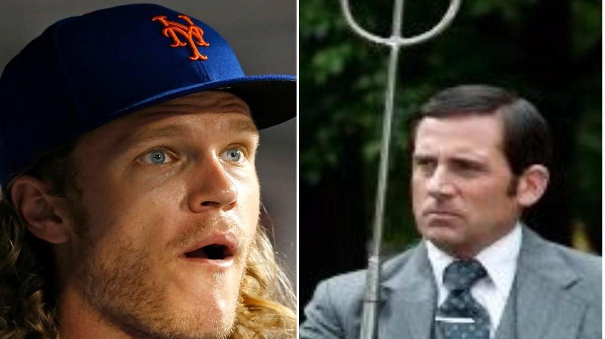 Noah Syndergaard (left) and Steve Carell as Brick Tamland.