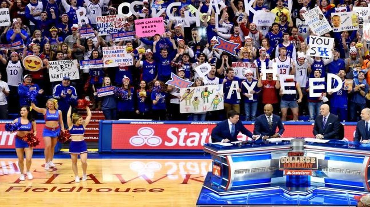 ESPN's College Game Day came to Allen Fieldhouse Saturday morning, and the KU students were pumped for the show that features Rece Davis (from left) Jay Williams, Jay Bilas, Seth Greenberg and Jay Bilas. The Jayhawks will host Kentucky Saturday evening at the fieldhouse.