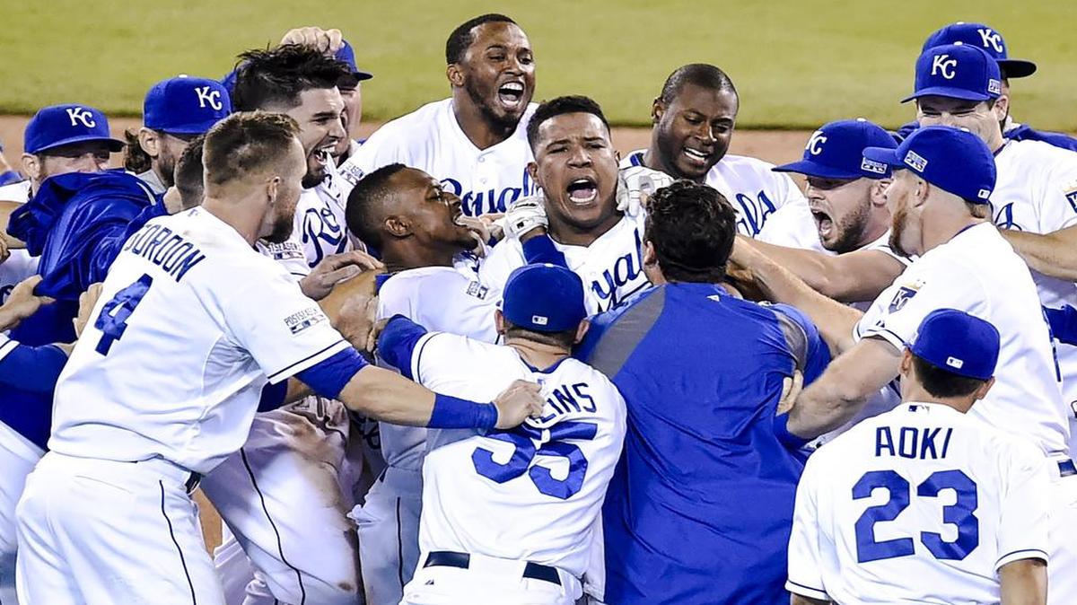 
The Kansas City Royals converged on Salvador Perez after his game-winning hit in last year’s Wild Card Game.
