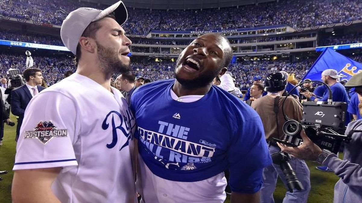 Kansas City Royals first baseman Eric Hosmer and center fielder Lorenzo Cain celebrated after the Royals won the ALCS.
