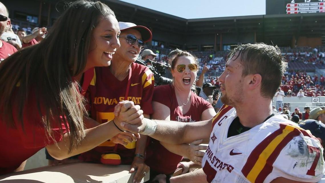 Iowa State’s Joel Lanning celebrated with fans following the Cyclones’ 38-31 win against Oklahoma in Norman, Okla., on Oct. 7, 2017.