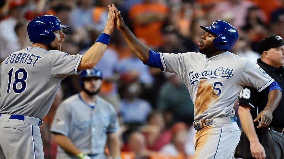 
Kansas City Royals second baseman Ben Zobrist and center fielder Lorenzo Cain celebrated after they both scored in the eighth inning of Game 4 of the ALDS. The two came home on Kendrys Morales’ groundball that ricocheted off the glove of Astros pitcher Tony Sipp and bounced over the mitt of Carlos Correa, who was given an error.
