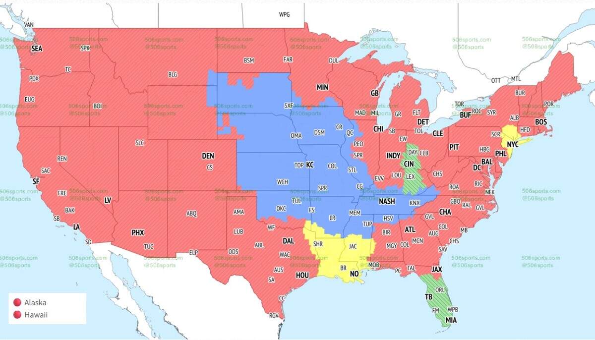 The Chiefs-Titans game will be seen in areas in blue. The Bills-Browns game is in red.