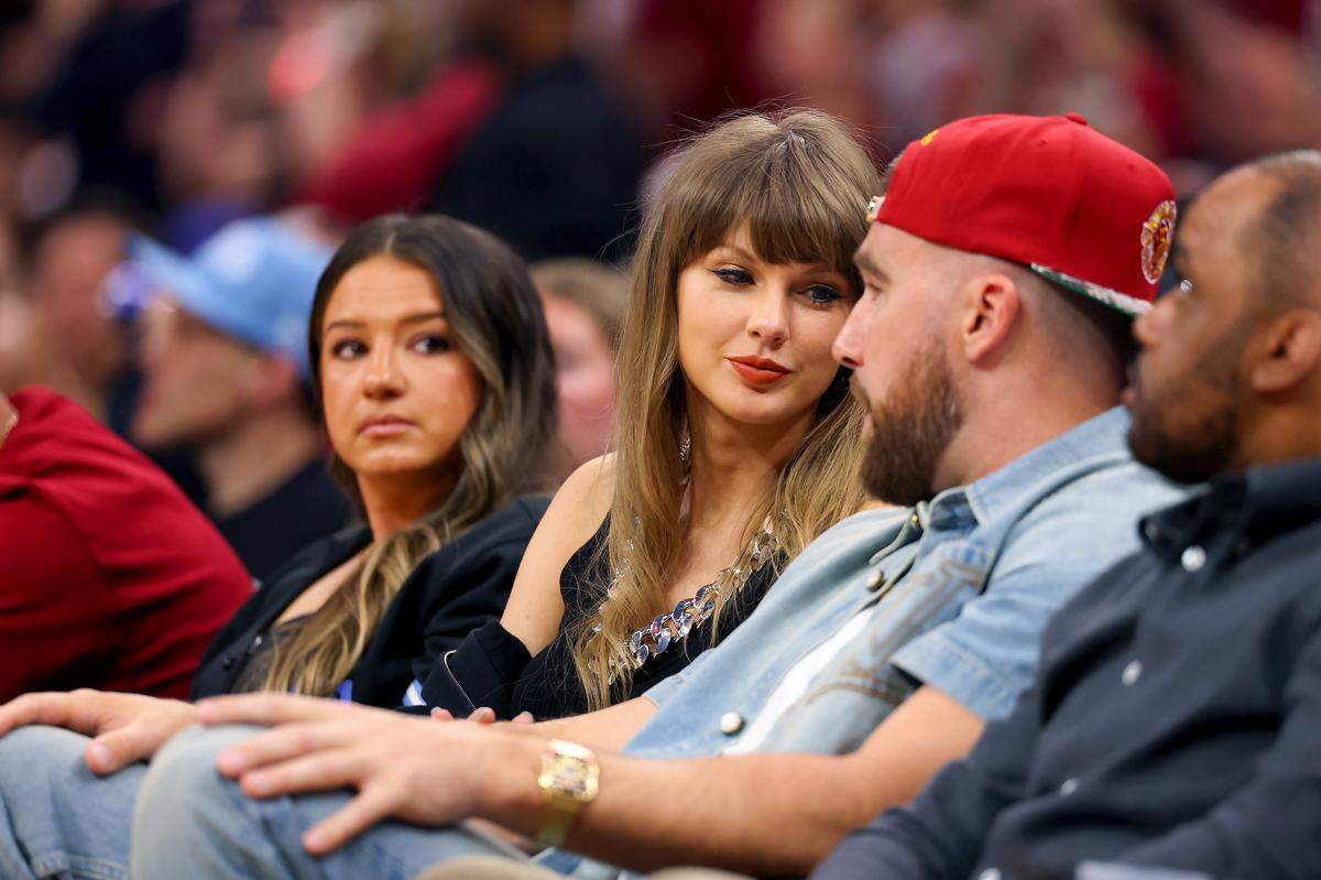 Singer Taylor Swift and Travis Kelce of the Kansas City Chiefs attend Game 3 between the New York Knicks and the Cleveland Cavaliers in the NBA Eastern Conference Finals at Rocket Arena on May 23, 2026 in Cleveland, Ohio.