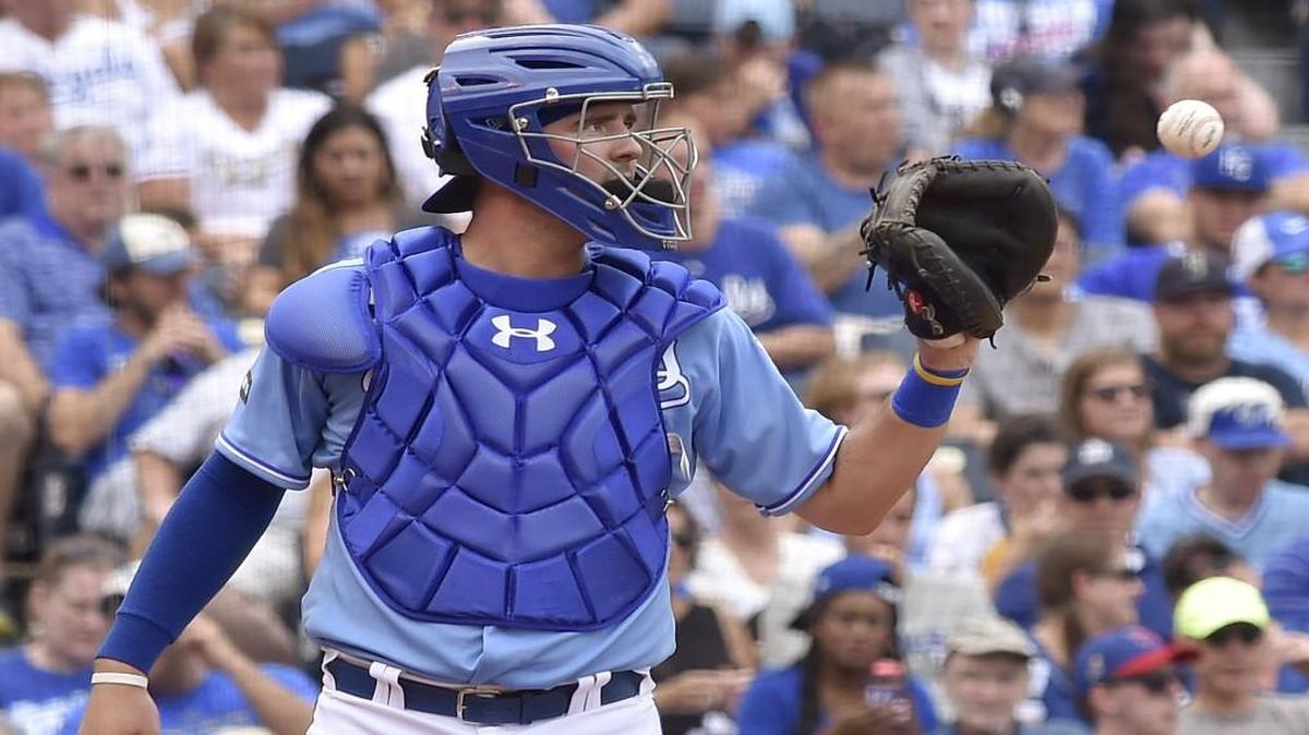 Kansas City Royals catcher Cam Gallagher in the ninth inning of the first game of Sunday’s doubleheader against the Mariners at Kauffman Stadium..