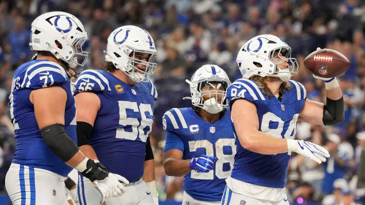 Indianapolis Colts tight end Tyler Warren (84) celebrates after scoring a touchdown Sunday, Sept. 13, 2026, during a game against the Baltimore Ravens at Lucas Oil Stadium in Indianapolis.