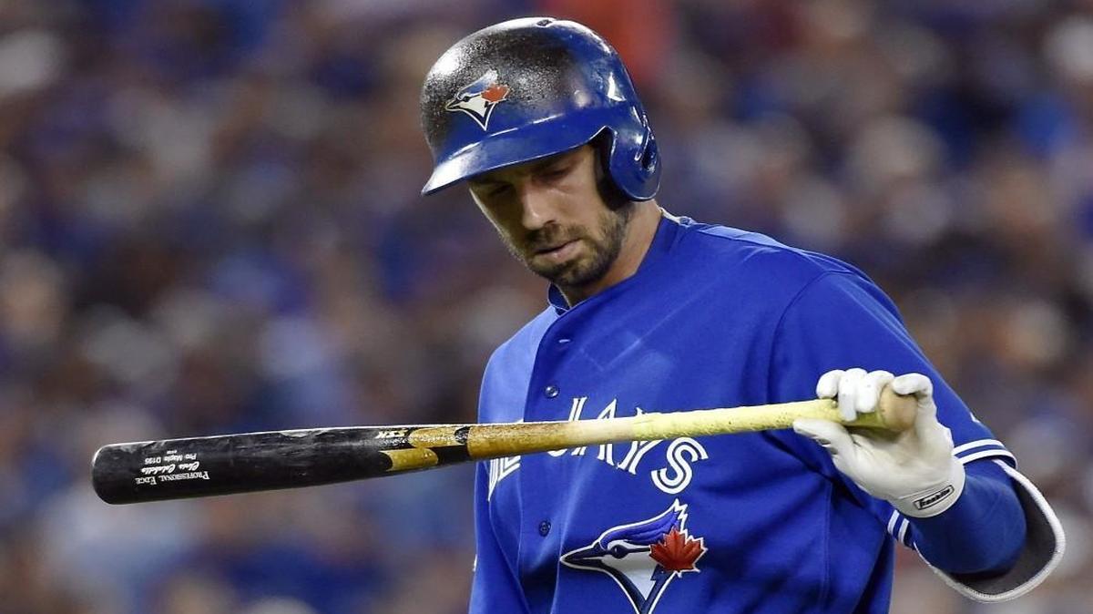 Toronto Blue Jays first baseman Chris Colabello looked at his bat after lining out in the fourth inning of Tuesday’s game.