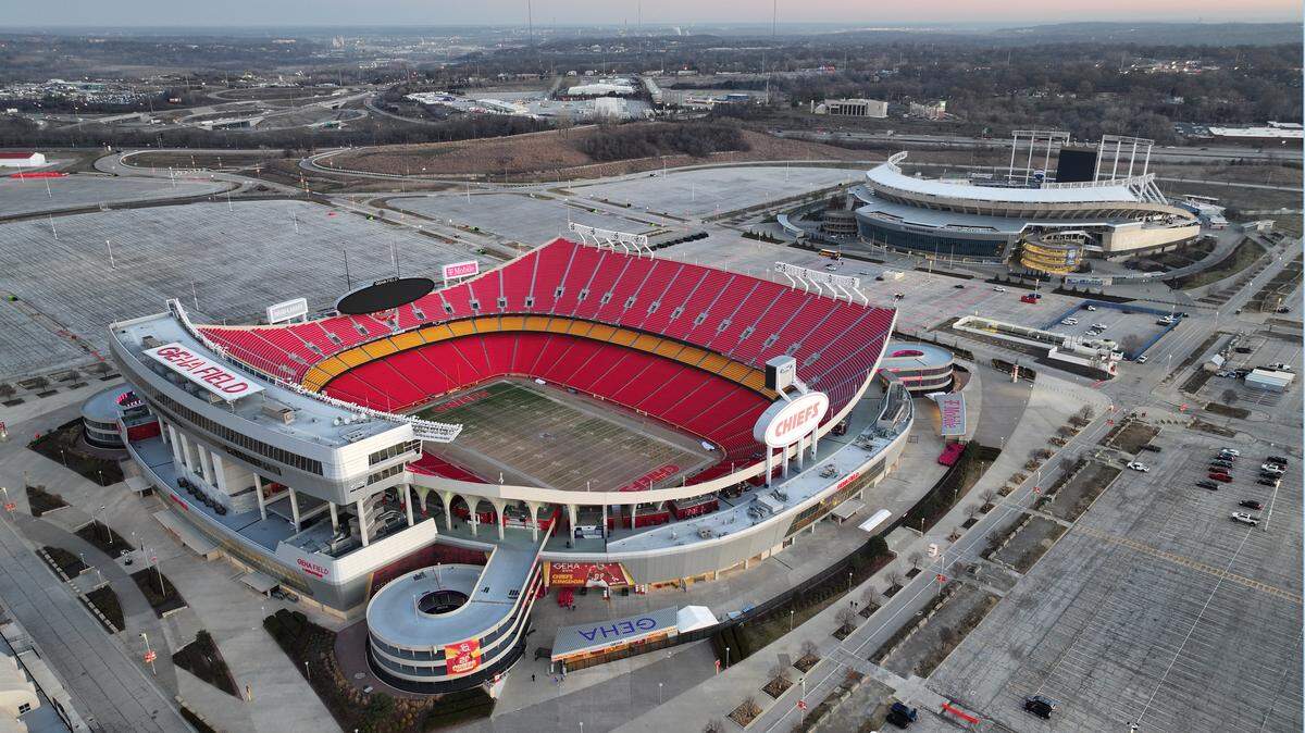 A general overall aerial view of Arrowhead Stadium (foreground) and Kauffman Stadium at the Truman Sports Complex.