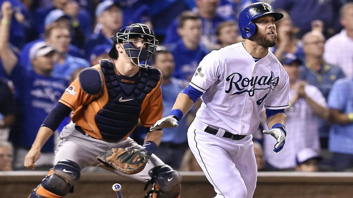 Kansas City Royals left fielder Alex Gordon watched the flight of the ball on a double he hit in the ALDS against Houston.