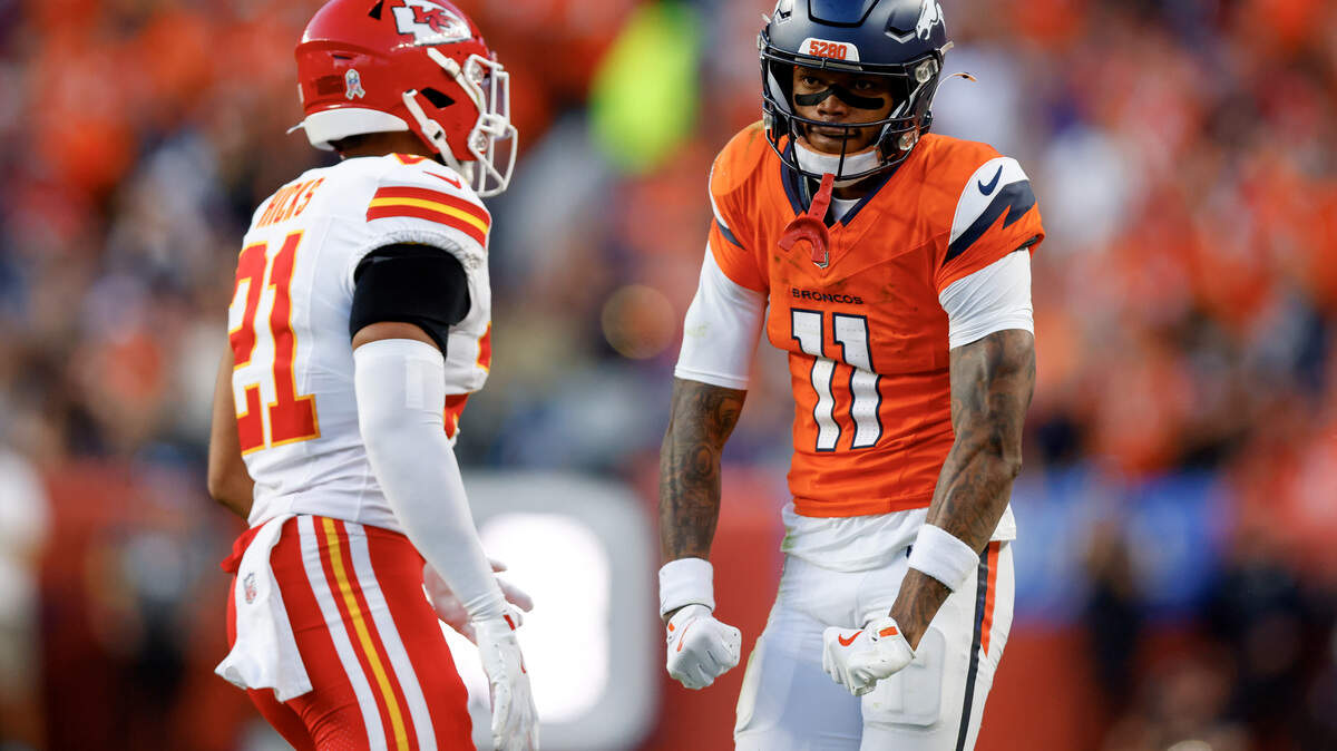 Troy Franklin #11 of the Denver Broncos reacts after a play against the Kansas City Chiefs during the third quarter at Empower Field At Mile High on Nov. 16, 2025 in Denver, Colorado.