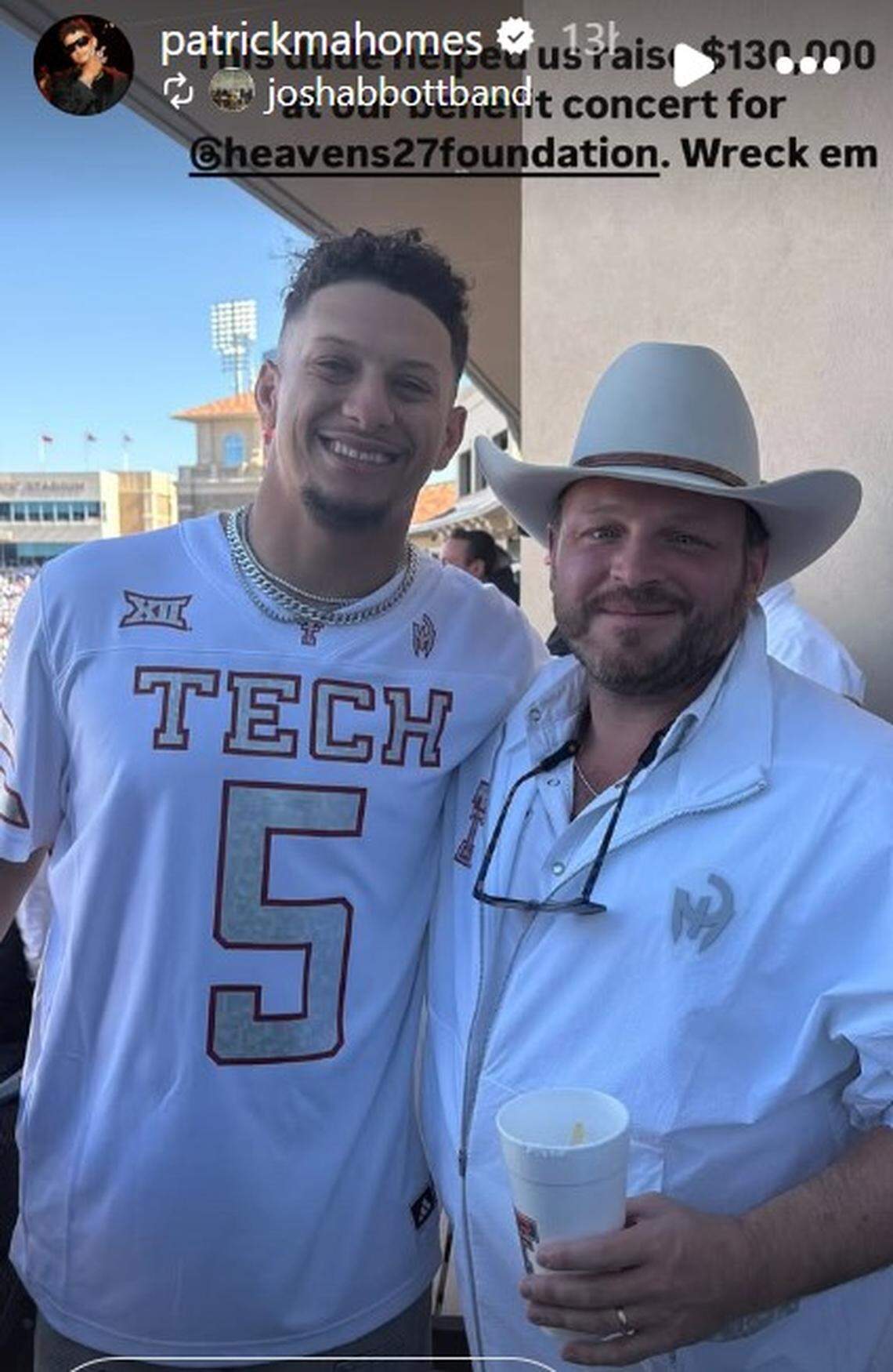 Patrick Mahomes with Josh Abbott at the Texas Tech-BYU football game on Saturday.