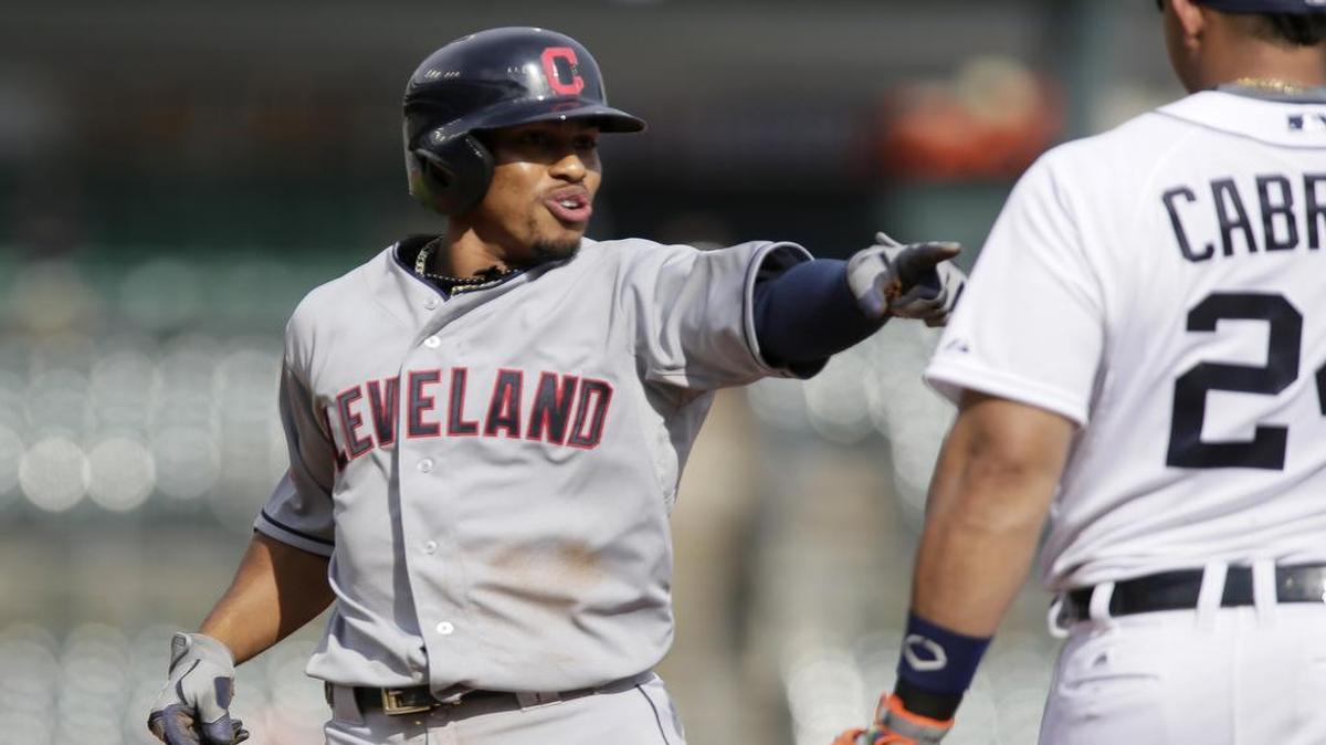 
Cleveland’s Francisco Lindor, playing in his first major-league game, pointed to Tigers first baseman Miguel Cabrera after tripping and falling down while rounding first base on a single in the ninth inning.
