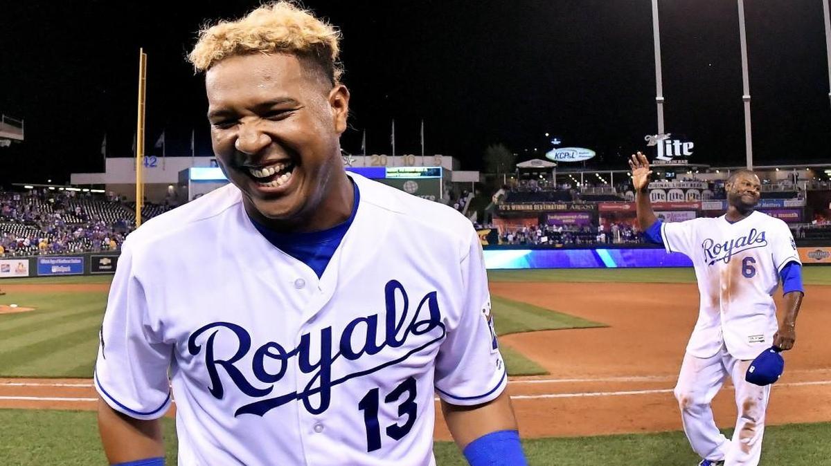 Kansas City Royals catcher Salvador Perez laughed after delivering a Gatorade shower to Lorenzo Cain after the 3-1 win over the Oakland Athletics on Thursday at Kauffman Stadium.