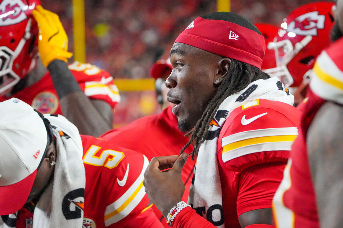 Kansas City Chiefs wide receiver Rashee Rice was spotted with friendship bracelets while on the sideline during Friday’s game against the Chicago Bears at GEHA Field at Arrowhead Stadium.
