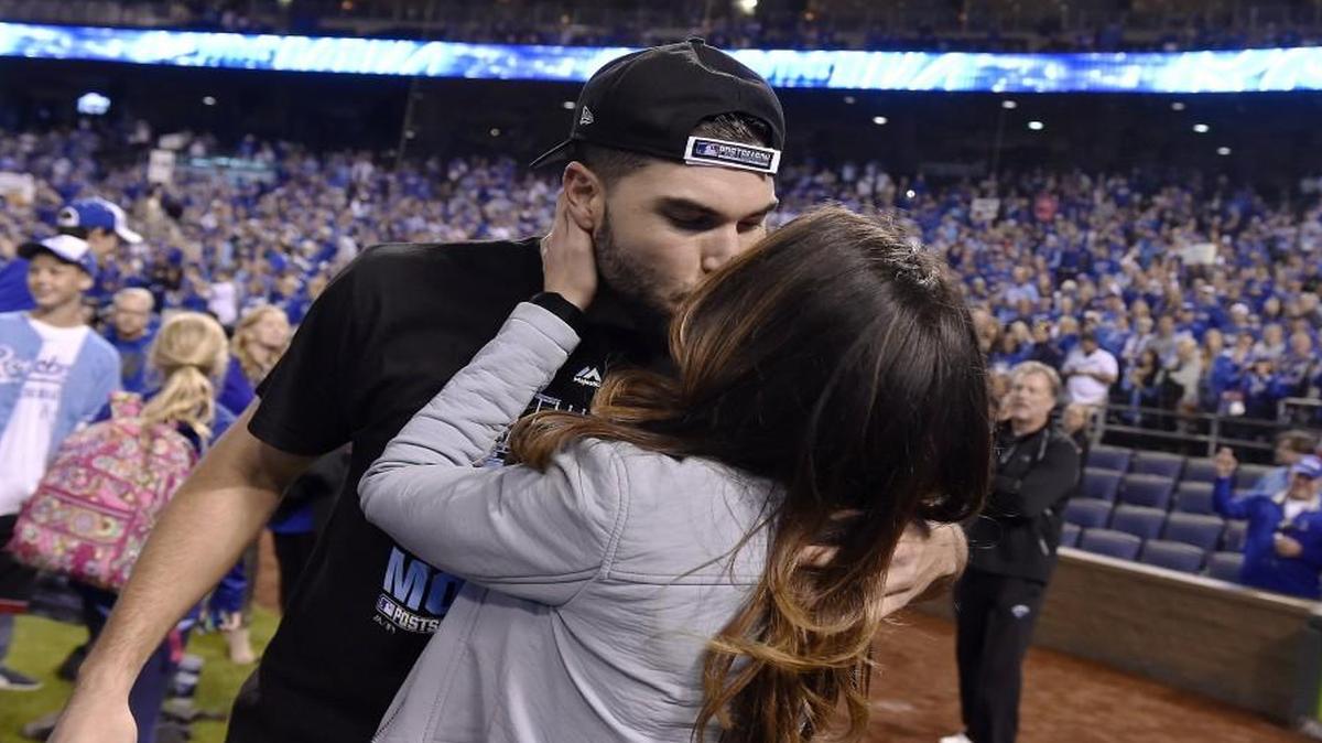 Kansas City Royals first baseman Eric Hosmer kissed his girlfriend Kacie McDonnell after the Royals defeated the Houston Astros 7-2 and won the ALDS.