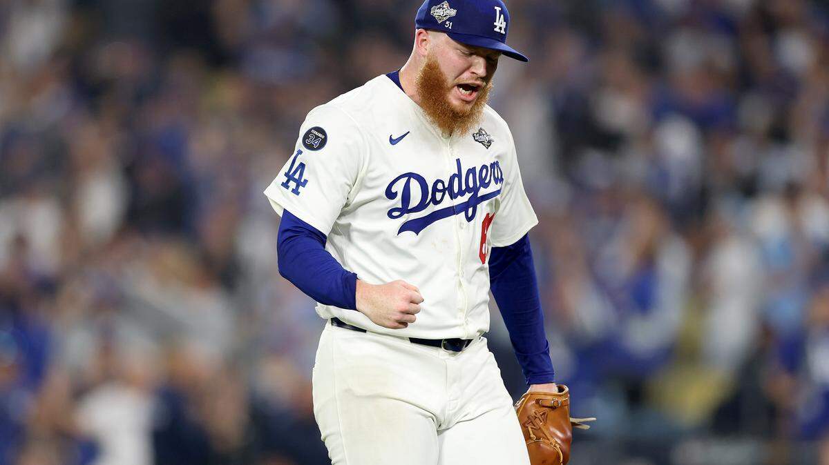 Will Klein of the Los Angeles Dodgers reacts after pitching the 18th inning against the Toronto Blue Jays in Game 3 of the 2025 World Series at Dodger Stadium on Oct. 27, 2025 in Los Angeles, California.