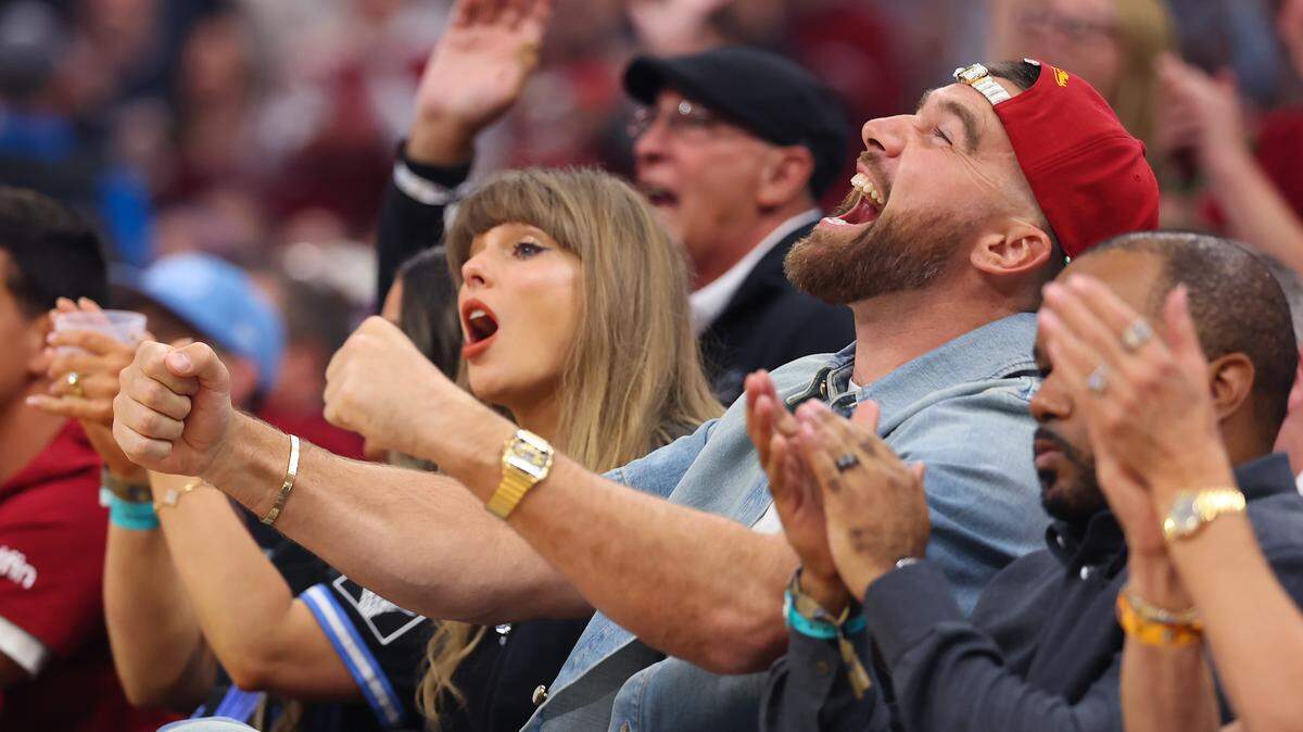 Chiefs tight end Travis Kelce and singer Taylor Swift attend Game 3 between the New York Knicks and the Cleveland Cavaliers in the NBA Eastern Conference Finals at Rocket Arena on May 23, 2026 in Cleveland, Ohio.