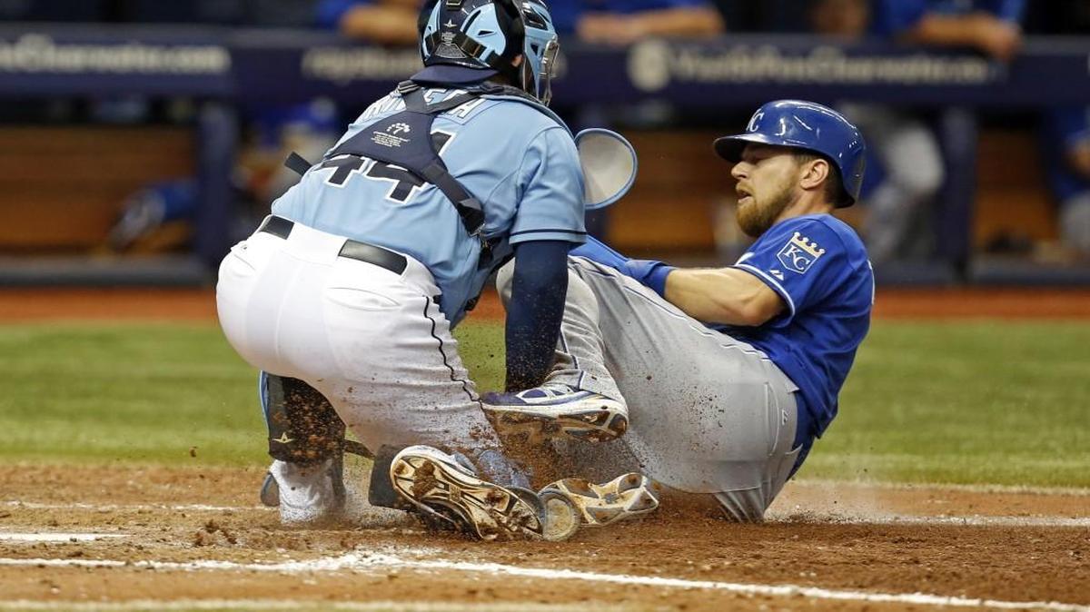 
Tampa Bay Rays catcher Rene Rivera tagged Ben Zobrist at home during the eighth inning of Sunday’s game.
