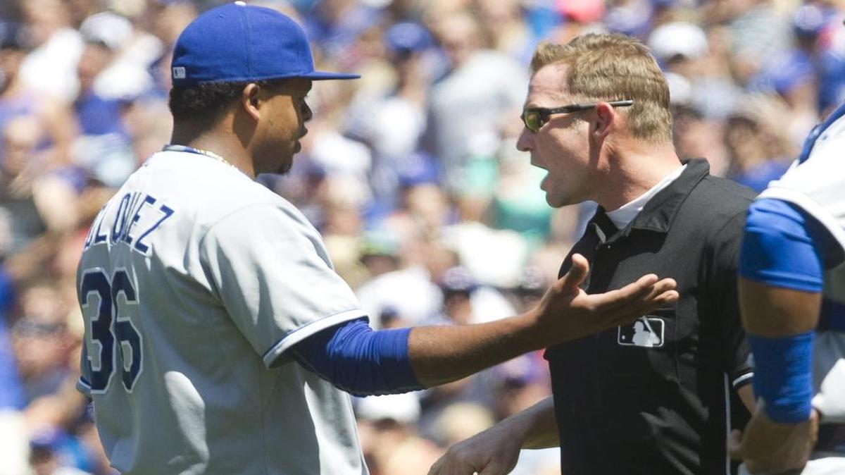 
Kansas City Royals starting pitcher Edinson Volquez was given a warning by home plate umpire Jim Wolf after nearly hitting Toronto Blue Jays' Josh Donaldson back with a pitch during the third inning of Sunday’s game.
