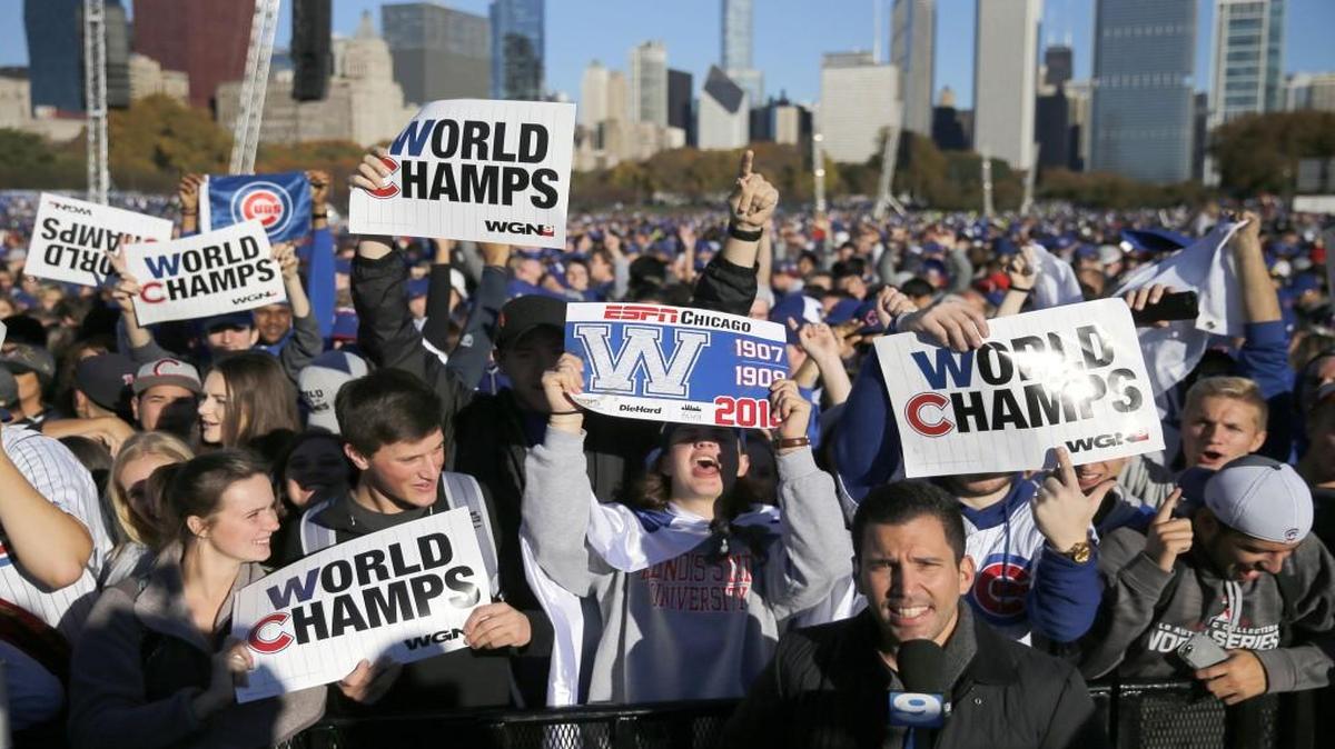 Chicago Cubs fans celebrated before a rally in Grant Park honoring the World Series champions Friday.
